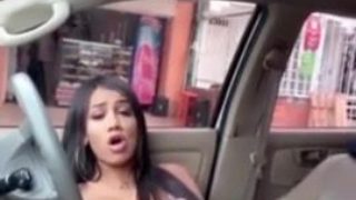 Super-Hot latina transgirl caught wanking off in van! Public cum-shot.