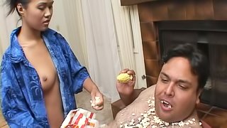 Fat guy finally gets to bang sweet Asia while she moans loudly