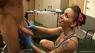 Lucky guy gets his cock inspected by a brunette pornstar. HD video