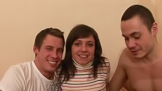Three Cocks For One Brunette Coed's Pussy and Asshole