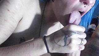 Blue hair egirl do a blowjob riding cum inside creampie