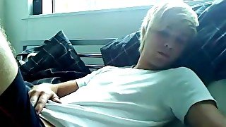 Skinny blonde twink jerks off in bed