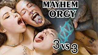 Mayhem 3 on 3 orgy, hardcore alt teen group fuck - anal, dp, blowjob, facial - alt, goth, punk, tatt