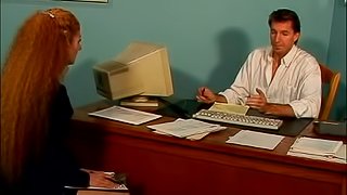 Curly Annie Body gets her hairy pussy fucked in an office