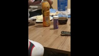 Step mom stuck under table while eats get fucked through leggings by step son 