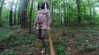 Ugly uncut cock crossdresser walking naked in the wood masturbating cumshot into hand finish