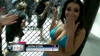 This busty ring girl loves watching men fight and she's gonna fuck a figther