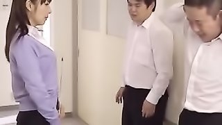 Check out nasty Japanese babe in black stockings kneeling and sucking some young cocks while at school