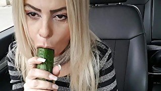 Public fuck with big cucumber until squirt- Car masturbation street