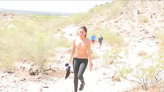 Sizzling Giselle fondles her tits and pussy while hiking