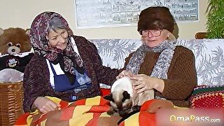 Granny lesbians playing with natural tits and masturbating hairy pussy with dildo