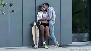 Petite blonde Gina Gerson gets her anus rimmed and fucked outdoor