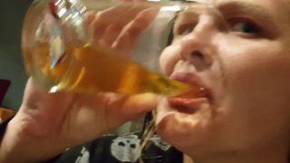 White trash whore drinks glass of yellow piss- Gagging Choking Hate Swallow